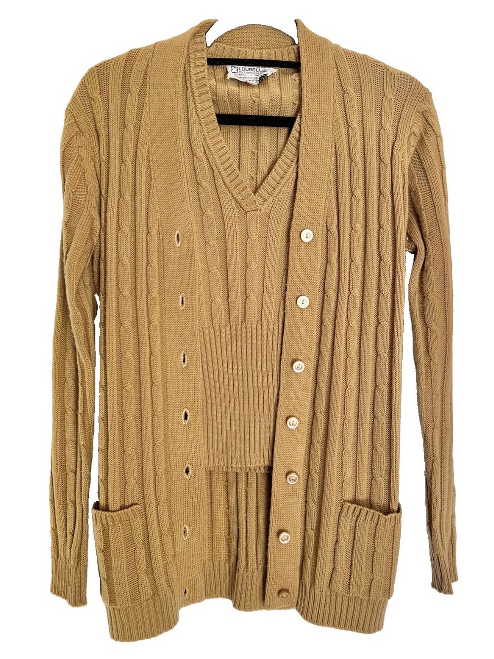 Vintage 1970’s Khaki Camel Cable Knit Acrylic Cardigan Sweater Vest Top S M